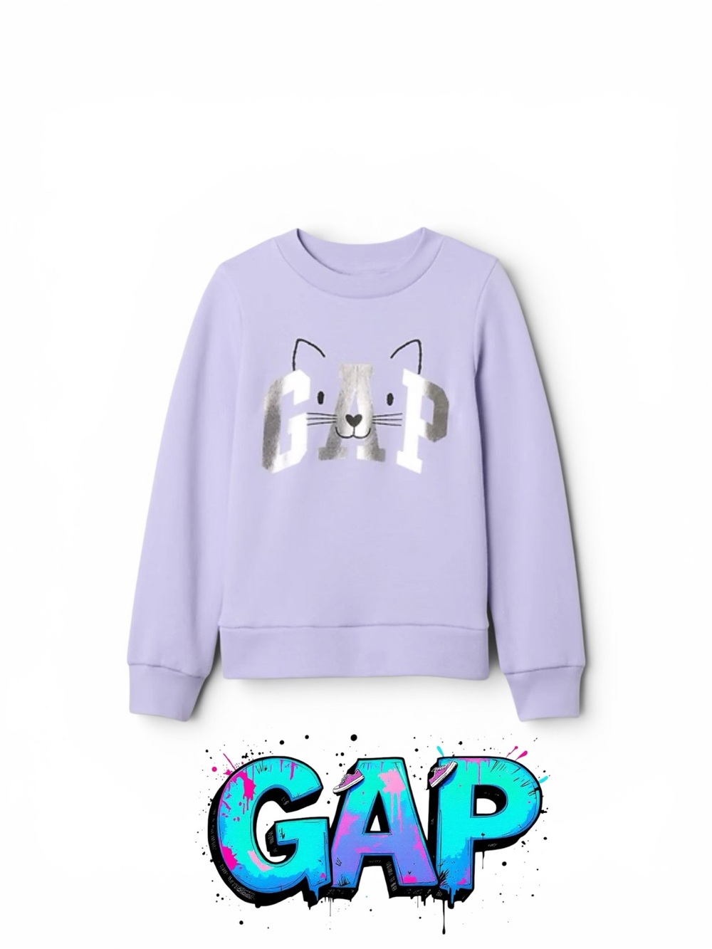 GAP Lilac Kids Sweatshirt with Silver Cat Graphic